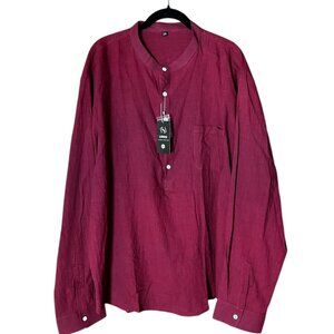 Mens Long Sleeve Burgundy Henley Shirt By URRU Mandarin Collar Button Cuffs NWT